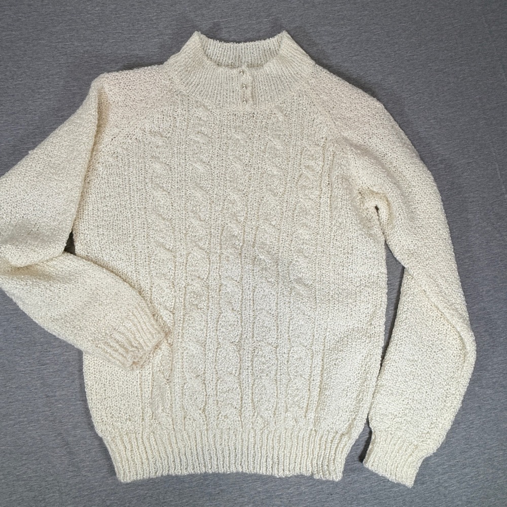VTG Baxter Wells Cable Knit Sweater Women S Cream Pearl Button Mock Neck Raglan
